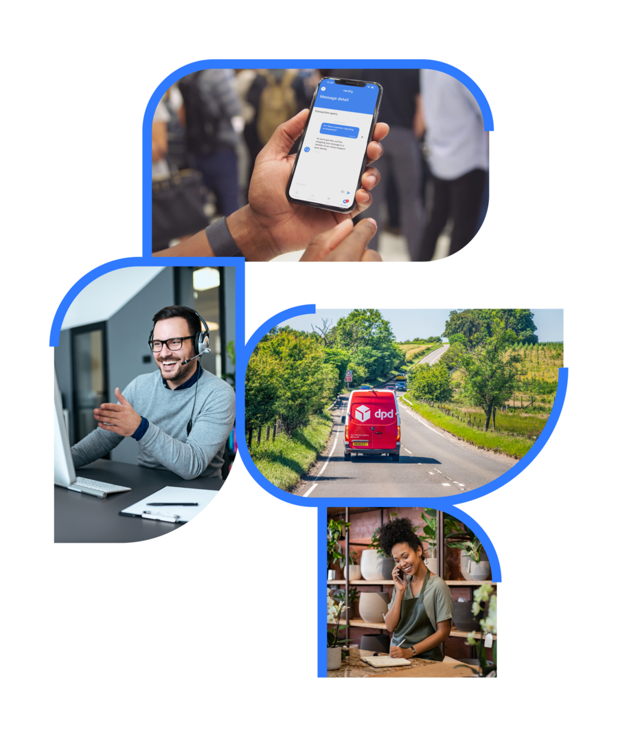 An iPhone showing the chat support screen of Verofy app for customer support, A man working as customer support being on the phone with a headset happily helping customers, A dpd van delivering and driving on a road, A young store worker for pots and flowers is on a call while smiling