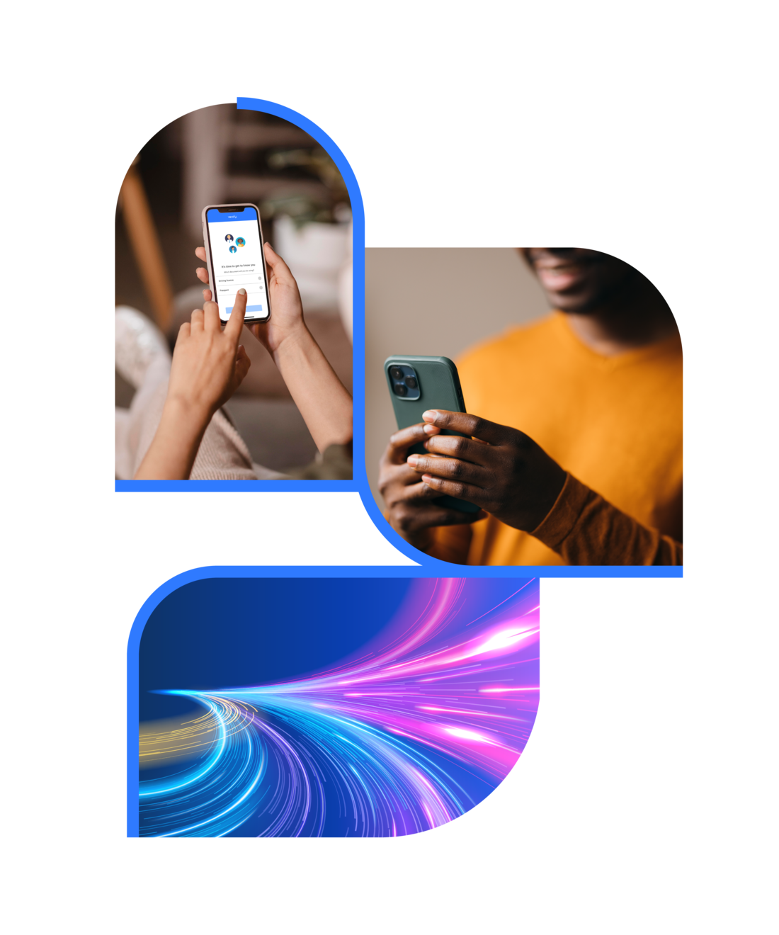 Hands holding an iPhone showing the Onboarding screen of the Verofy app for uploading identity documents, A man holding a phone trying to take a selfie, Lights moving in high speed