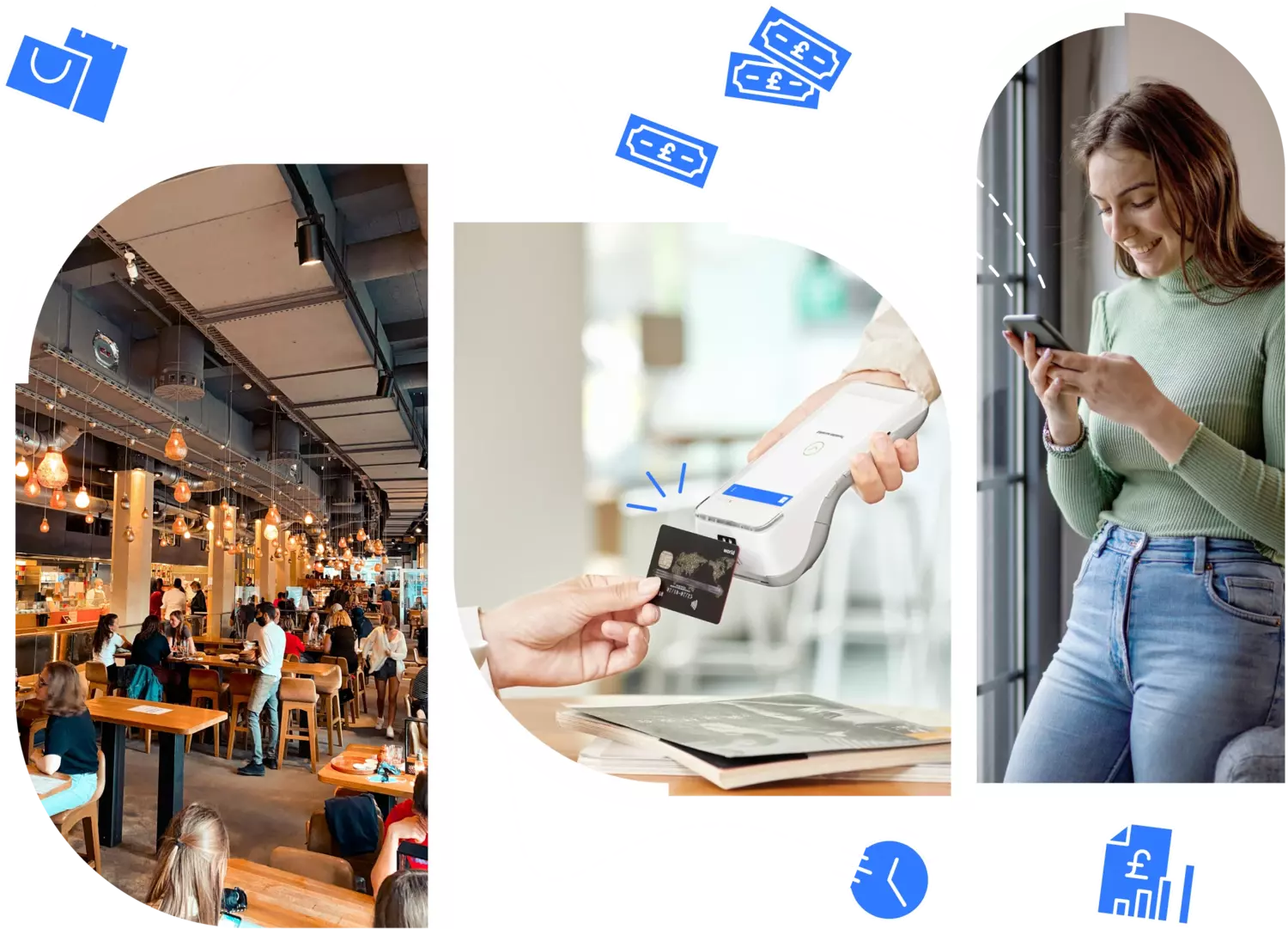 A restaurant full of people, contactless payment with card on a PAX A920 pro terminal, A young adult woman leaning on a chair and happily working with her phone