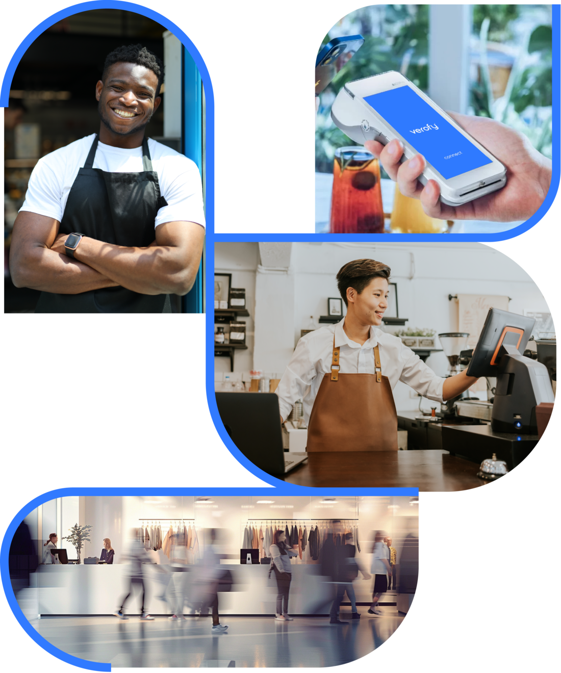 A confident and happy young man standing at store front door wearing an apron, A hand holding a PAX A920 pro machine the screen showing verofy logo, A young cafe owner wearing apron working with the ePOS at the counter smiling, A busy clothing store with queue moving fast due to fast payment process